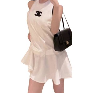【二手精品9.9新】 Chanel（香奈兒）風格白色削肩無袖迷你連身裙(肩38胸46長80)編號S562