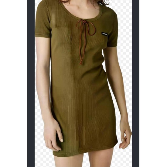 【二手精品9.9新】Miu Miu 華夫格純棉綁帶連衣裙（Cotton Waffle Dress）(肩45胸48長78)編號S566