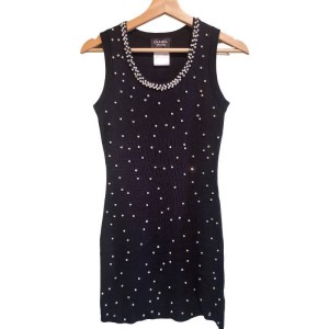 【二手精品9.9新】香奈兒（CHANEL）黑色水鑽點綴針織背心洋裝(肩36胸36(彈性)長81)編號S569