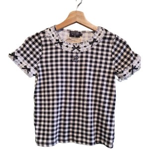 【二手精品9.9新】香奈兒 (Chanel) 精品系列（CHANEL Boutique）古著（Vintage）黑白細小方格（Gingham）短袖上衣（肩36胸40(彈性)長49）編號S573