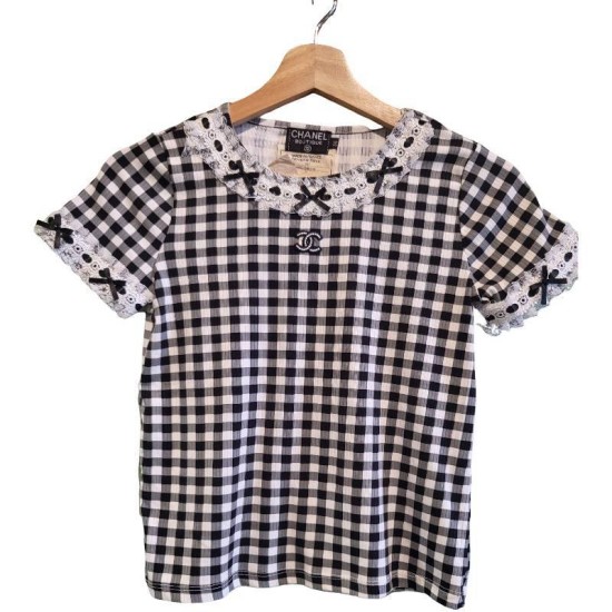 【二手精品9.9新】香奈兒 (Chanel) 精品系列（CHANEL Boutique）古著（Vintage）黑白細小方格（Gingham）短袖上衣（肩36胸40(彈性)長49）編號S573