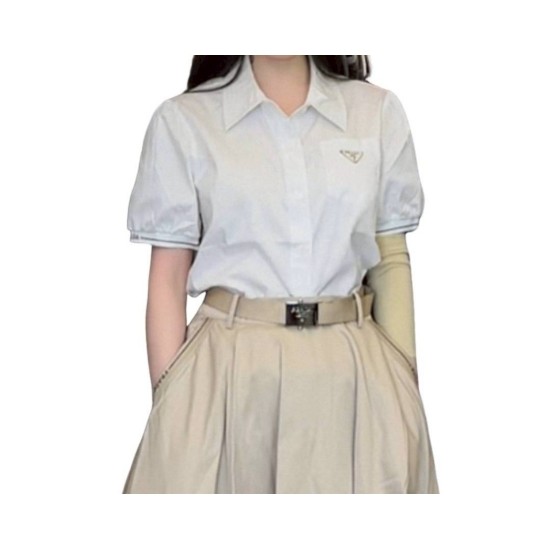  【二手精品9.9新】PRADA（普拉達）白色棉質府綢短袖襯衫(肩38胸50長62)編號S435