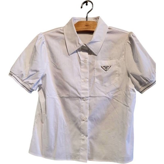  【二手精品9.9新】PRADA（普拉達）白色棉質府綢短袖襯衫(肩38胸50長62)編號S435