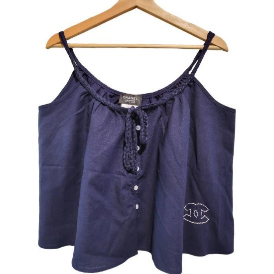 【二手精品9.9新】Chanel Uniform 的深藍色細肩帶吊帶上衣(肩48胸56長53)編號S447