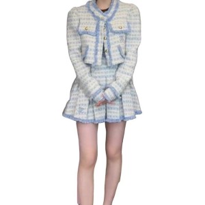【二手精品9.9新】Chanel Boutiqu的經典天藍色斜紋軟呢（Tweed）短款外套(肩38胸48長43袖長68)編號S459