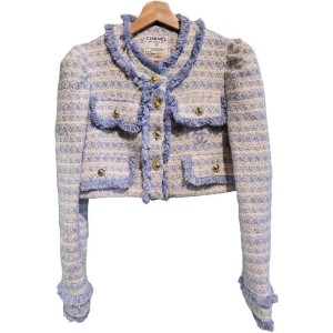 【二手精品9.9新】Chanel Boutiqu的經典天藍色斜紋軟呢（Tweed）短款外套(肩38胸48長43袖長68)編號S459