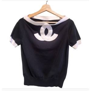 【二手精品9.9新】Chanel（香奈兒）的大雙C標誌拼色針織短袖上衣(肩38胸46長56)編號S463