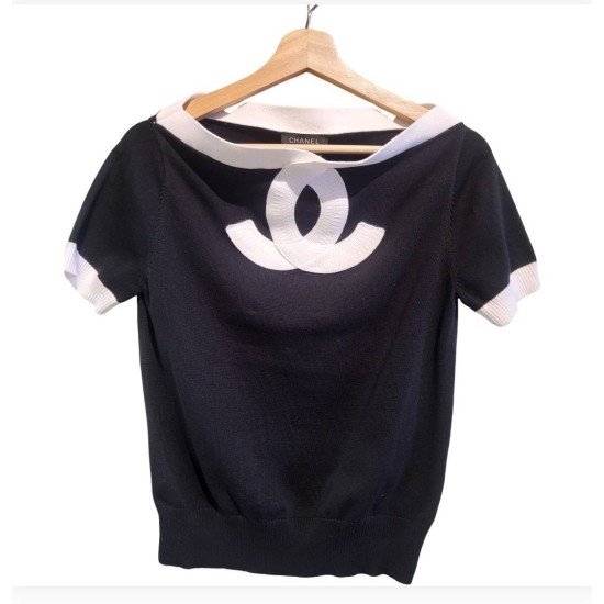 【二手精品9.9新】Chanel（香奈兒）的大雙C標誌拼色針織短袖上衣(肩38胸46長56)編號S463