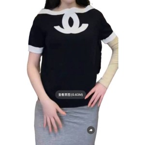 【二手精品9.9新】Chanel（香奈兒）的大雙C標誌拼色針織短袖上衣(肩38胸46長56)編號S463