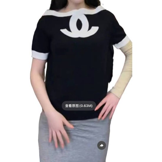【二手精品9.9新】Chanel（香奈兒）的大雙C標誌拼色針織短袖上衣(肩38胸46長56)編號S463