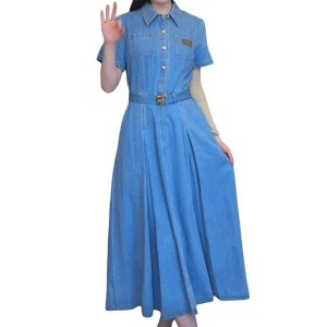 【二手精品9.9新】Miu Miu 的仿舊水洗純棉牛仔襯衫洋裝（肩38胸45長133）編號S482