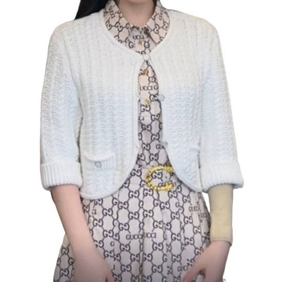【二手精品9.9新】香奈兒（CHANEL）的白色純棉針織短款外套(肩40胸50長44)編號S490