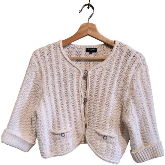 【二手精品9.9新】香奈兒（CHANEL）的白色純棉針織短款外套(肩40胸50長44)編號S490