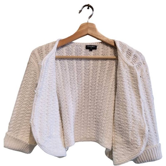 【二手精品9.9新】香奈兒（CHANEL）的白色純棉針織短款外套(肩40胸50長44)編號S490
