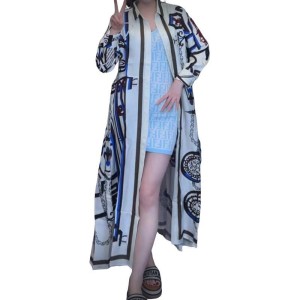 【二手精品9.9新】愛馬仕（Hermès）的 L'Enseigne du Sellier 圖紋印花真絲襯衫連身裙(肩48胸58長117袖長60)編號S497
