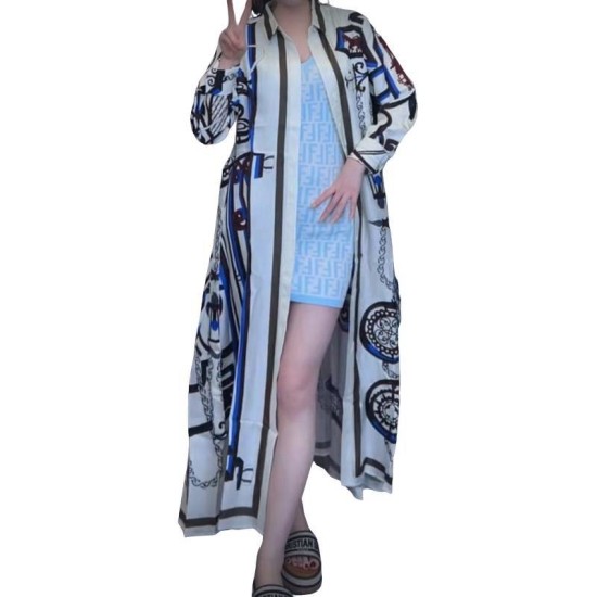 【二手精品9.9新】愛馬仕（Hermès）的 L'Enseigne du Sellier 圖紋印花真絲襯衫連身裙(肩48胸58長117袖長60)編號S497