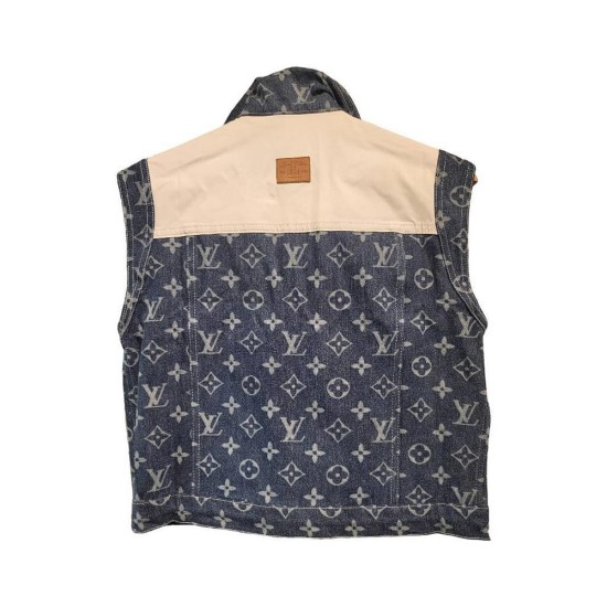 【二手精品9.9新】Louis Vuitton（路易威登） 經典的 Monogram 滿版老花拼接拼色牛仔無袖背心夾克(肩42胸48長56 )編號S501