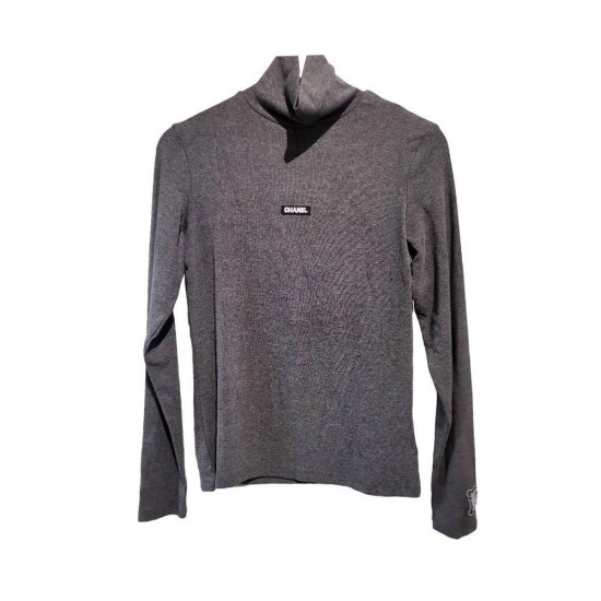 【二手精品9.9新】香奈兒 (CHANEL) 的高領長袖深灰色針織毛衣打底衫(肩38胸48長60袖長61)編號S503