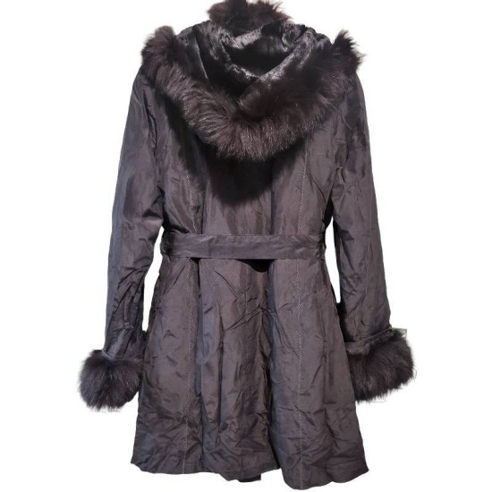 【二手精品9.9新】Chanel (香奈兒) 經典黑色雙面穿真絲與狐狸毛連帽長款大衣風(肩42胸52長93袖長66（毛子可拆／真毛草／內裡也是毛草）)編號S505
