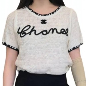  【二手精品9.9新】CHANEL 香奈兒 的字母刺繡針織短袖上衣（肩32胸46長50，有彈性） 編號S507