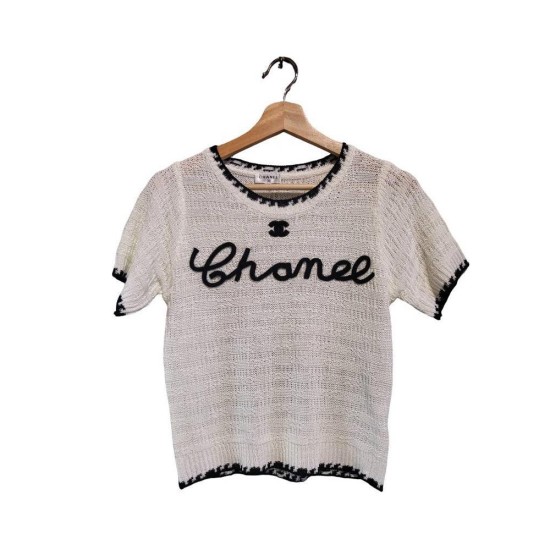  【二手精品9.9新】CHANEL 香奈兒 的字母刺繡針織短袖上衣（肩32胸46長50，有彈性） 編號S507