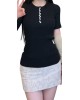 【二手精品9.9新】 CHANEL（香奈兒）珍珠雙C 釦羊毛桑蠶絲羅紋針織短袖上衣(38號肩32胸33長57)編號S513