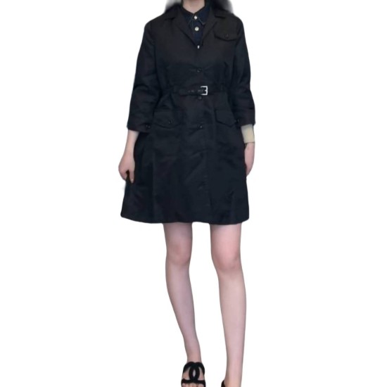  【二手精品9.9新】Prada 經典黑色尼龍中長版風衣外套(肩36胸45長87袖長45)編號S515