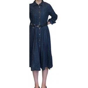 【二手精品9.9新】Christian Dior (迪奧) 的深藍色長袖丹寧（牛仔）襯衫式連身裙(肩40胸48長113袖長60)編號S516