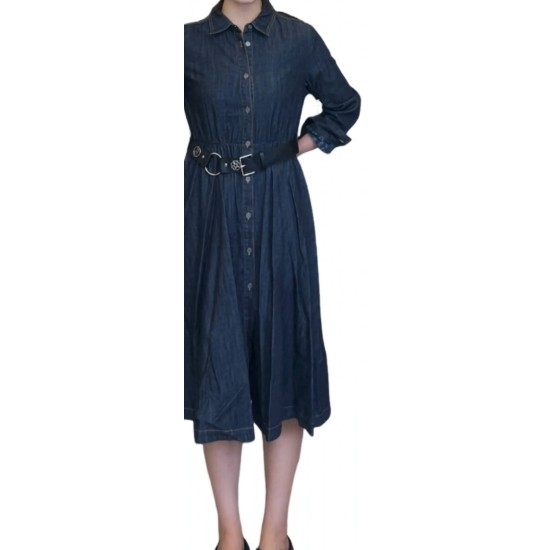 【二手精品9.9新】Christian Dior (迪奧) 的深藍色長袖丹寧（牛仔）襯衫式連身裙(肩40胸48長113袖長60)編號S516