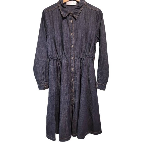 【二手精品9.9新】Christian Dior (迪奧) 的深藍色長袖丹寧（牛仔）襯衫式連身裙(肩40胸48長113袖長60)編號S516