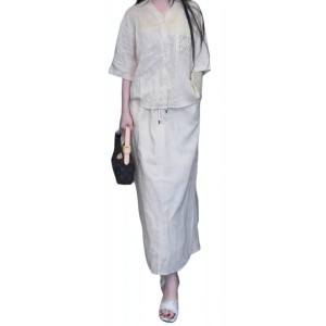 【二手精品9.9新】LOEWE(羅意威)的亞麻抽繩長裙半身裙(腰34臀50長87 )編號S518