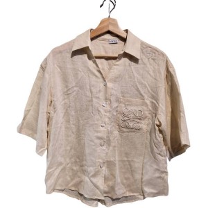 【二手精品9.9新】 LOEWE（羅威）的鏤空刺繡 Anagram 徽標亞麻棉質短袖襯衫(落肩50胸56長64袖長30 )編號S519