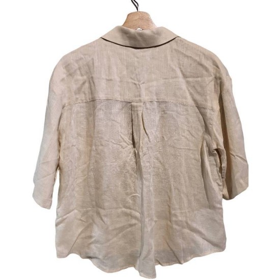 【二手精品9.9新】 LOEWE（羅威）的鏤空刺繡 Anagram 徽標亞麻棉質短袖襯衫(落肩50胸56長64袖長30 )編號S519